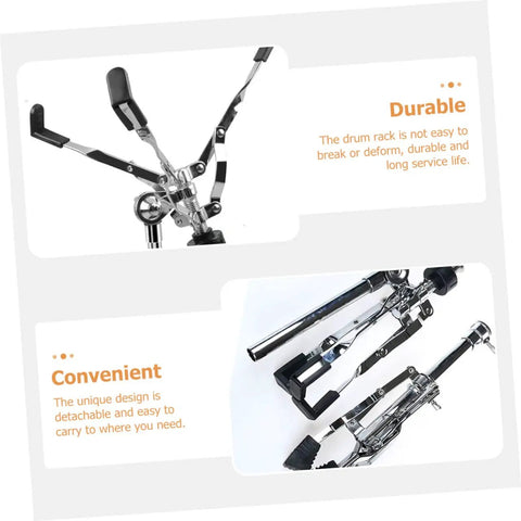 Rock Solid Heavy Duty Snare Drum Stand Adjustable Portable Alloy Rack With Quick Release Storage Shelf For Gig Ready Bands Weekend Sessions And Tour Grade Stages close-up view of durable clamps and adjustable arms.