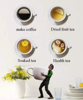 Four types of drinks in cups labeled make coffee, dried fruit tea, soaked tea, and health tea with a person standing beside a giant cup.