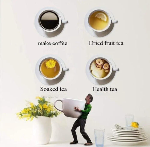 Four types of drinks in cups labeled make coffee, dried fruit tea, soaked tea, and health tea with a person standing beside a giant cup.
