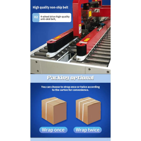 Automatic Heavy Duty Case Sealer With Adjustable Carton Belt Drive Smooth Continuous Operation showing high-quality non-slip belt system.