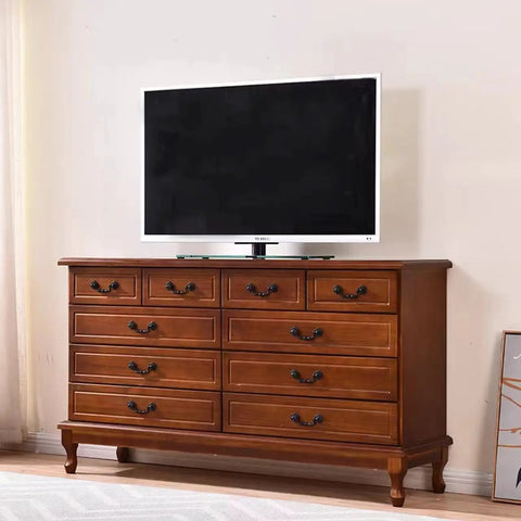 Rock Solid Heavy Duty Zinc Alloy Drop Bail Drawer Pulls In Slick Antique Bronze Finish on wooden dresser with TV.