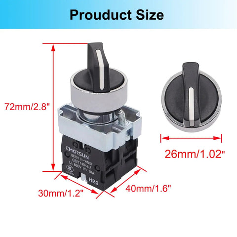Dimensions of Two Pack 22mm Rotary Selector Switch Maintained Latching 3 Position 2NO 440V 10A Panel Mount