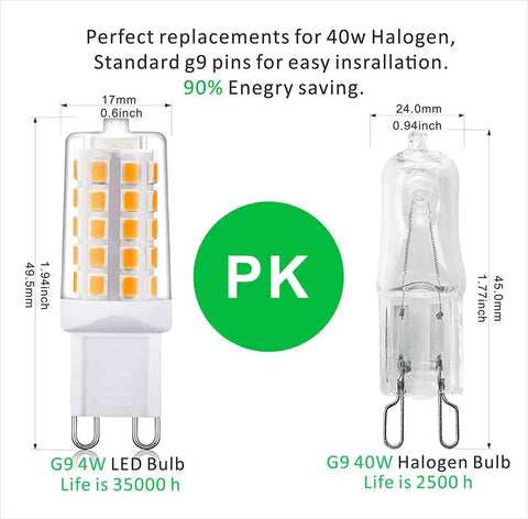 G9 LED Bulb Dimmable T4 Base 2700K Soft White 4W 450Lm 120V AC next to G9 40W Halogen, size comparison