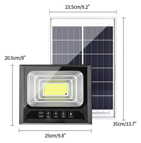 Heavy Duty Solar Led Flood Light With Remote Control delivers rock solid glow with dimensions, suitable for yard security and fence line guard duty.