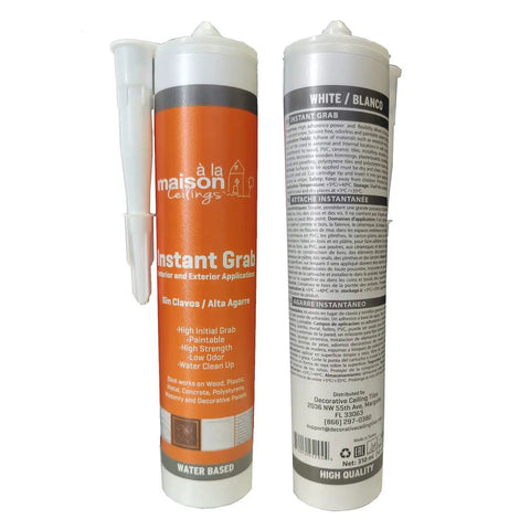 Two tubes of Instant Grab Ceiling Tile Adhesive For Wall Panels And Crown Molding, Heavy-Duty Water-Resistant Glue, front and back view.