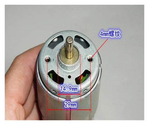 Top view of RS-775WC-A010 High Octane Carbon Brush DC Motor 21000 RPM 14.4V showing dimensions and shaft for electric drill replacement.