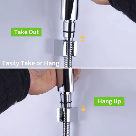 Person adjusting Heavy Duty Shower Head Holder Wall Mount in Chrome Brass Wand Bracket for Sprayer, showing take out and hang up