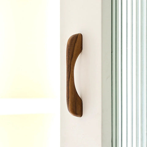 Two Solid Wood Dark Walnut Cabinet Pulls 126mm Overall Length 96mm Center to Center Mounting 12mm Width on a door side view