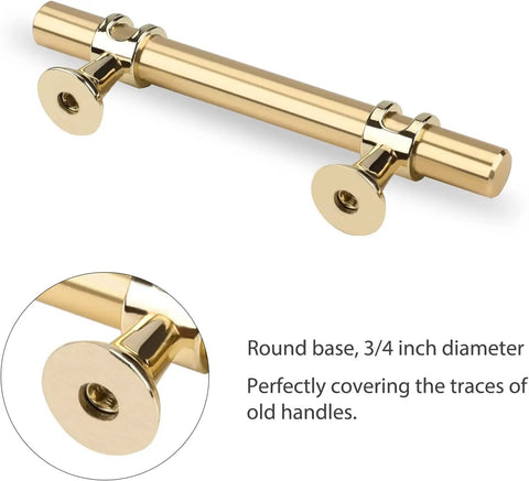 Close-up of brushed gold cabinet pull with round base, Ten Pack Brushed Gold Cabinet Pulls 3 Inch Drawer Handles For Dresser Bathroom Kitchen Closet And Cupboard Zinc Alloy Base Durable Modern Hardware Easy Install.