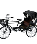 Vintage Metal Tricycle Model With Heavy Duty Aluminum Alloy Build And Old School Three Wheel Rickshaw Design side view of black miniature tricycle.