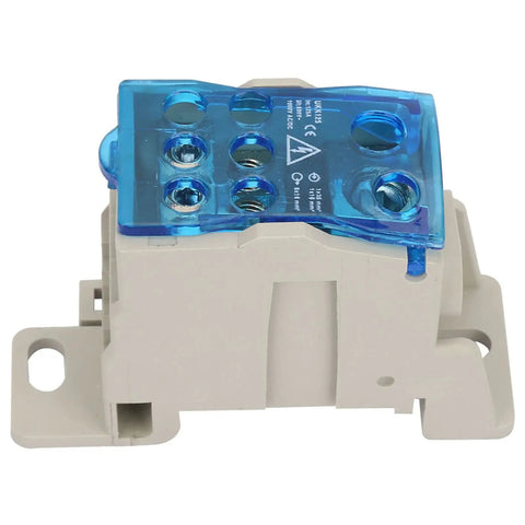 Top Shelf Heavy Duty 125A Din Rail Terminal Block For Cabinet Wiring Projects with clear protective cover.