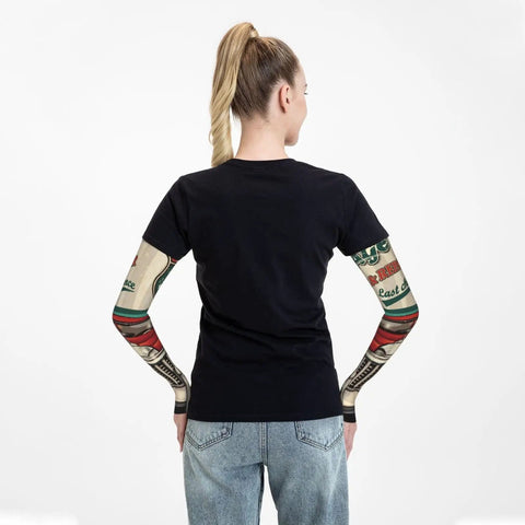 Fresh Retro Garage Mechanic Arm Sleeves With Thumb Holes UPF Sun Block Super Lightweight Cooling Wrap For Golf Weekend Drives And Keeping Arms Straight Up Chill worn from behind by a woman, featuring sleeved tattoos.