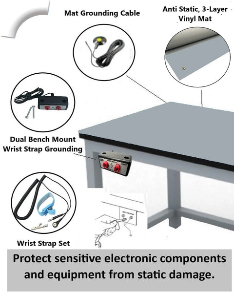 Groundhug ESD anti-static mat on workbench, gray vinyl 2' x 10', includes wrist strap and grounding cable front view