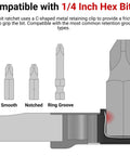 Illustration showing 1/4 inch hex bit compatibility with ratchet for One Quarter Inch Drive Four And One Half Inch Bit Ratchet With Low Profile Access For Tight Spaces High Torque Performance Fits One Quarter Inch Hex Bits Ideal For Automotive And DIY Projects In Confined Areas.