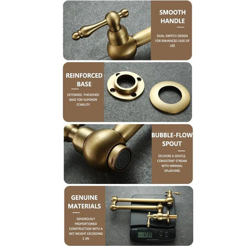 ZBSAVFM Foldable Wall Mount Kitchen Faucet Brass Construction parts including smooth handle, reinforced base, bubble-flow spout.