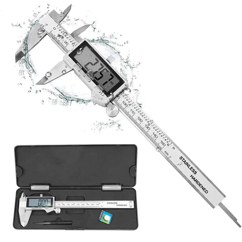 Handy 6 Inch Digital Caliper Tool With IP54 Waterproof Stainless Steel Vernier Caliper Large LCD Screen Easy Switch From Inch To Metric Precise Internal External And Depth Measurements A DIY And Household Must Have displayed with water splash illustrating waterproof feature and protective case