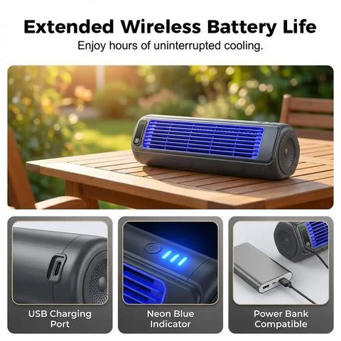 Compact USB Powered Air Cooler For Bedroom And Office With 3 Speed Settings Icy And Extra Cold Modes LED Touch Screen on table