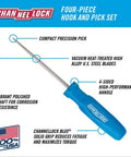 Four Piece Hook And Pick Set HP4A for Auto and Electrical Work, vacuum heat-treated high alloy steel pick with blue handle, Made in USA.