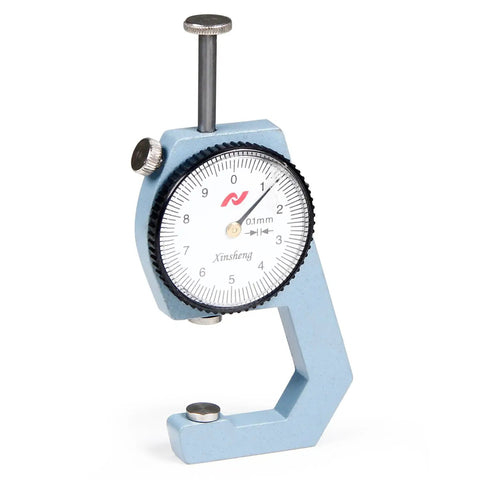 Thickness Gauge 0-20mm With Flat Tip Dial Indicator, 0.1mm Accuracy, Rugged Metal Build, White Dial With Clear Graduations, Handy For DIY Projects, Shop Work, And Metalworking Measurements shown with blue metal frame and flat tip