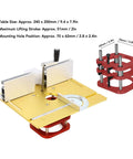 Badass Universal Metal Router Lift Kit Delivers Sick Precision For Your Woodworking Bench With Sweet Two Inch Vertical Travel And Hella Fine Micro Tweaks For Chamfer Trimming And Fits 64 To 66 Millimeter Motors with golden table and red components.