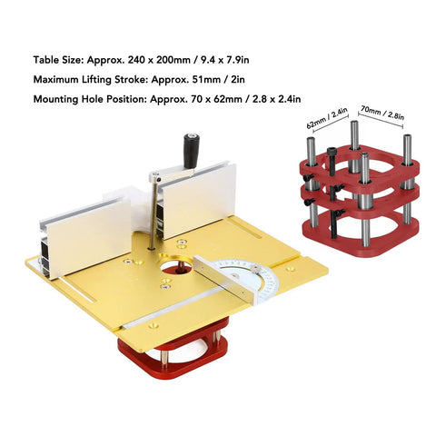 Badass Universal Metal Router Lift Kit Delivers Sick Precision For Your Woodworking Bench With Sweet Two Inch Vertical Travel And Hella Fine Micro Tweaks For Chamfer Trimming And Fits 64 To 66 Millimeter Motors with golden table and red components.