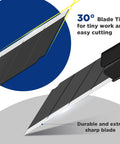 Front view of WORKPRO utility knife with aluminum handle and retractable blade; black grip, 30° blade tip (pack of 5)