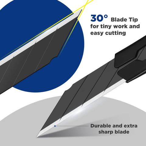 Front view of WORKPRO utility knife with aluminum handle and retractable blade; black grip, 30° blade tip (pack of 5)