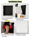 Installation steps for Paintable Lockable Access Panel For Drywall 7X12 Inch Beefy Metal Wall Hole Cover with tools and panel shown.