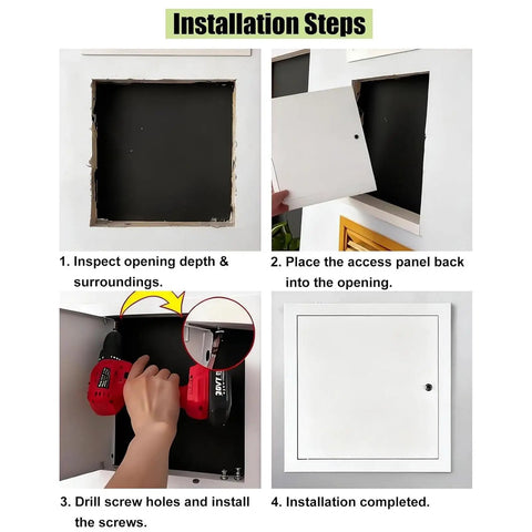 Installation steps for Paintable Lockable Access Panel For Drywall 7X12 Inch Beefy Metal Wall Hole Cover with tools and panel shown.