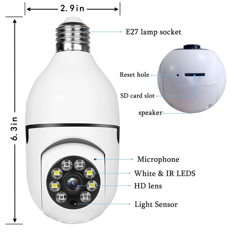 Light Bulb Security Cam 1080P HD, 2.4GHz WiFi showing dimensions, microphone, lens, E27 socket, and SD card slot features with annotations