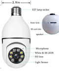 2 Pack 360 Degree Light Bulb Camera 1080P HD WiFi Dome Cam With 2.4GHz Network And 32GB SD Card Included, front view, parts labeled