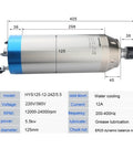 Stone Water Cooled Spindle Motor 5.5KW With Four Ceramic Ball Bearings D125mm For CNC Machines ER32, High Speed 800Hz diagram