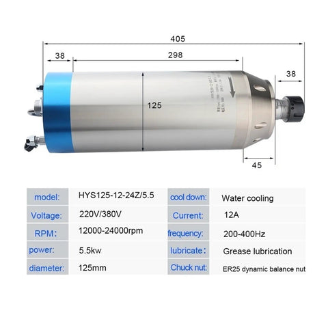 Stone Water Cooled Spindle Motor 5.5KW With Four Ceramic Ball Bearings D125mm For CNC Machines ER32, High Speed 800Hz diagram