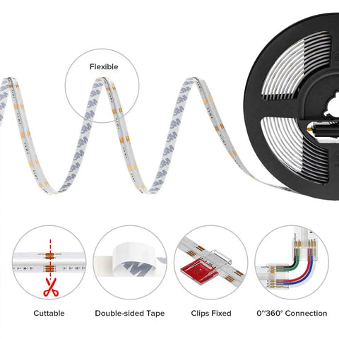 Dope RGBW COB LED Strip Light With 3000K Warm White 896 LEDs Per Meter High Density FCOB Tape flexibility and connections