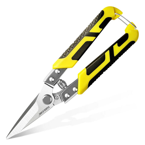 8.7 Inch Tin Snips Heavy Duty Metal Cutter with stainless steel blades, yellow ergonomic grip for fast, clean cuts through plastic, cable wires