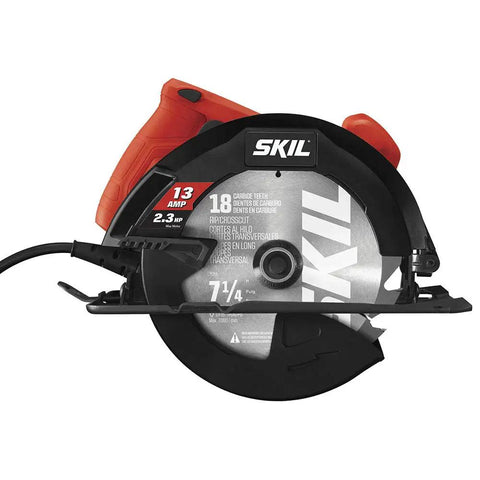 Heavy Hitter 13 Amp 7 1/4 Inch Corded Circular Saw In Bright Red with 18 tooth blade and ergonomic handle for power.