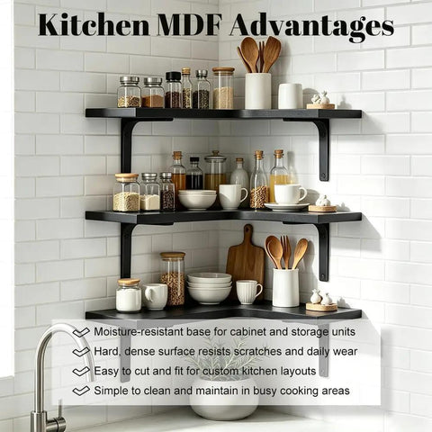 Heavy Duty 3 Tier Engineered Wood Storage Shelf And Display Rack with kitchen items on corner wall