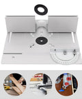 Top Shelf Aluminum Alloy Router Table Insert Plate Slick Surface Precision Fit Milling Base view from above with measuring gauge and inserts.