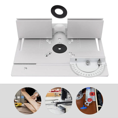 Top Shelf Aluminum Alloy Router Table Insert Plate Slick Surface Precision Fit Milling Base view from above with measuring gauge and inserts.