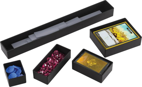 All-In-One Double-Sided Card Case For Cards And Gaming Accessories With 19 Removable Trays In 5 Sizes Holds 6 Commander Decks Or Up To 80 Cards Game Night Ready For Tokens Dice And Tools Black And Green, showing black trays with cards, tokens, and dice.