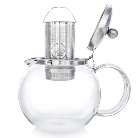 All In One Glass Teapot And Kettle With Heatproof Borosilicate Glass Removable Stainless Steel Infuser Microwave And Stovetop Friendly Tea Maker For Everyday Tea Lovers 40 Oz 1200 Ml with lid and infuser shown