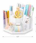 Spin It Desk Organizer With 360 Degree Rotation Nine Removable Compartments filled with pens, scissors, markers, and notes