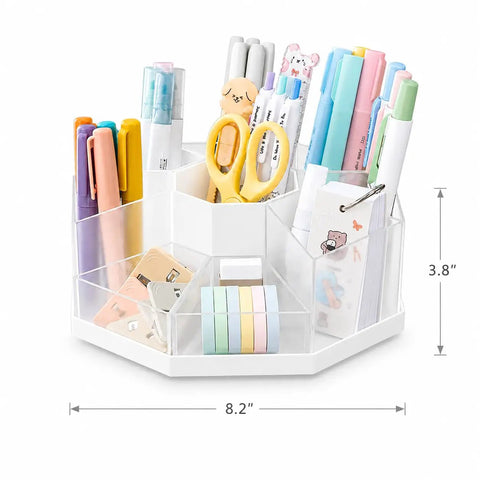 Spin It Desk Organizer With 360 Degree Rotation Nine Removable Compartments filled with pens, scissors, markers, and notes