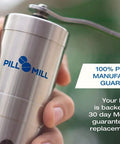 Close-up of Effortless Pill Crusher For Multiple Tablets Metal Grinder And Tablet Pulverizer showing handle and logo.