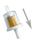 Quarter Inch Inline Fuel Filter Kit with transparent housing and arrow, for Briggs and Stratton Kawasaki Toro Craftsman Mtd Snapper