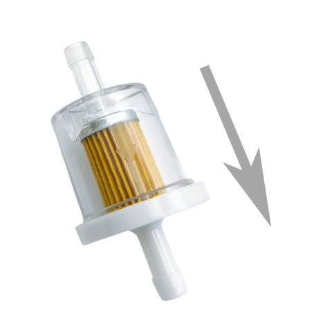 Quarter Inch Inline Fuel Filter Kit with transparent housing and arrow, for Briggs and Stratton Kawasaki Toro Craftsman Mtd Snapper