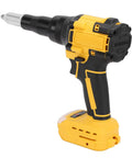Heavy Duty Cordless Rivet Gun With Brushless Motor Delivers 2248 Lbs Of Raw Power And Fast Automatic Function Featuring Built Led Light, Auto Reverse Mode, And Compact Portable Design For Professional Job Site Metalworking Projects Without Cord Hassle. Yellow cordless rivet gun with battery pack, side view