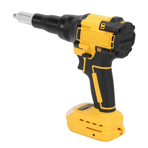 Heavy Duty Cordless Rivet Gun With Brushless Motor Delivers 2248 Lbs Of Raw Power And Fast Automatic Function Featuring Built Led Light, Auto Reverse Mode, And Compact Portable Design For Professional Job Site Metalworking Projects Without Cord Hassle. Yellow cordless rivet gun with battery pack, side view