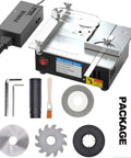 96W Precise Mini Table Saw For DIY Woodworking And Hobby Projects, Adjustable Cut Depth And Angle, Four Blades Included