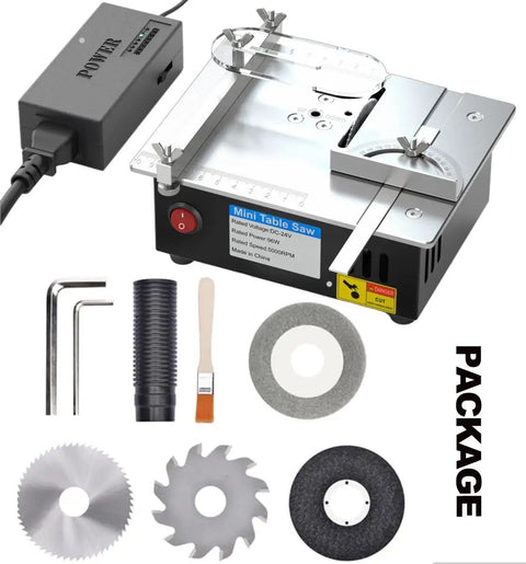 96W Precise Mini Table Saw For DIY Woodworking And Hobby Projects, Adjustable Cut Depth And Angle, Four Blades Included